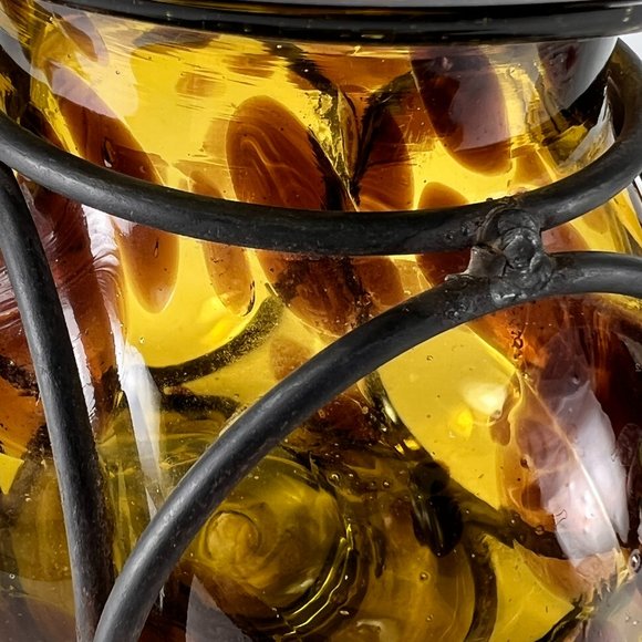 Vtg Handblown Caged Art Glass Candle Holder Vase Brutalist Wrought Iron Mexico - Picture 6 of 12